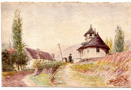 PAYSAGE MAISON DE MONTAGNE  -  AQUARELLE SUR PAPIER A DESSIN -  FORMAT CARTE POSTALE ANCIENNE - Aquarelles