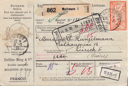 35c Semeuse & 2f Merson + 20c Fiscal Perforés DMC Mulhouse 1921 Bulletin Colis Postal Pour Zürich Suisse - Briefe U. Dokumente