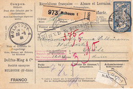 5c Semeuse 60c & 5f Merson + 20c Fiscal Perforés DMC Mulhouse 1921 Bulletin Colis Postal Pour Bâle Suisse - Briefe U. Dokumente