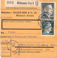 15 & 50 Pf + 1 RM Hitler Perforés DMC Dollfus-Mieg & Co Obl Mülhausen Bulletin Colis Postal (paketkarte) 1944 - Briefe U. Dokumente