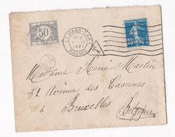 Enveloppe 1921 Le Mans Sarthe Pour Bruxelles Belgique Avec Timbre Taxe 50 C. Belge - Lettres & Documents