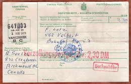 Paketkarte, Taxe Percue, Vancouver Nach Velbert 1973 (14926) - Covers & Documents