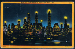 New York City, Manhattan Skyline By Night. 1951 Postcard. - Empire State Building