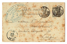 TB 3887 - 1893 - Entier Postal - ¨ A LA PERLE ¨ Mrs YVER Frères à PARIS Pour Mme Vve LEMAIRE à LIEGE ( Belgique ) - Standaardpostkaarten En TSC (Voor 1995)