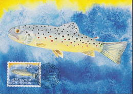 1987 Liechtenstein MC 75 Mi: LI 923°, Y&T: LI 864°, ZNr. LI 863°,  Fische, Bachforelle - Briefe U. Dokumente