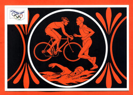 CPM GF JEUX OLYMPIQUES ATHENES 2004 " LE TRIATHLON " ILLUSTREE PAR JM PETEY POUR FESTICART ENGHEIN LES BAINS - 800 EX - Athlétisme