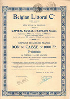 Belgian Littoral Cie - Bon De Caisse De 1000 Frs Au Porteur : 8 % Net D'impôt - Bruxelles 1929. - Banque & Assurance