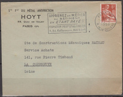 Moissonneuse  6F Sur Enveloppe Pub " Sté Fse Du METAL ANTIFRICTION " De PARIS X Le 22 4 1958 Avec Sécap De PARIS 125 - 1957-1959 Mietitrice