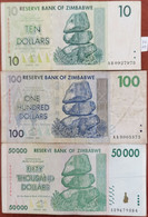 Lot 3 Billets ZIMBABWE 10 - 100 Et 50000 Dollars 2007 Et 2008 - Z16 - Zimbabwe