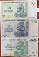 Lot 3 Billets ZIMBABWE 10 - 100 Et 50000 Dollars 2007 Et 2008 - Z18 - Zimbabwe