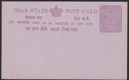 Princely State Dhar, Postal Stationery Card, Mint India - Dhar