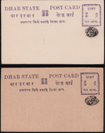 Princely State Dhar, 2 Different Postal Stationery Card, Mint India - Dhar