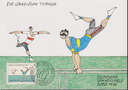 1988 Liechtenstein MC 83 Mi: LI 948°, Y&T: LI 889°, ZNr. LI 889°, Olympische Sommerspiele Seoul, Graziöse Turner - Covers & Documents