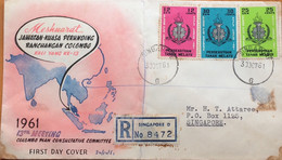 MALAYSIA 1961, ILLUSTRATE, MAP OF ASIA, DIFF COUNTRY, FDC COVER USED, SINGAPORE REGISTER & CANCEL, COLOMBO PLAN EMBLEM, - Federation Of Malaya