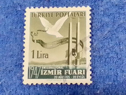 TÜRKİYE.-1940-50-     1LİRA  1947 İZMİR FUARI DBL. DAMGALI - Usati