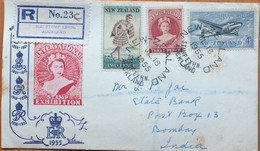 NEW ZEALAND 1955, PRIVATE PRINTED FDC, ILLUSTRATE COVER, USED TO INDIA, QUEEN ELIZABETH, MAORI MAIL CARRIER, AIR PLANE A - Storia Postale