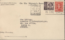 Australia YT N° 155 + 132 Perforés G/NSW CAD Sydney 25 JULY 1950 Eneveloppe On His Majesty's Service - Perforiert/Gezähnt