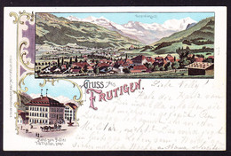 1903 Gelaufene Litho-AK: Gruss Aus Frutigen Mit Hotel Zum Adler. Gestempelt Blausee Und Täufffelen. - Frutigen