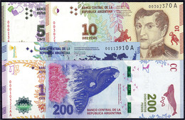 5, 10, 50, 100 Und 200 Pesos O.D. (2012-2016). I Bis I- Pick 358, 359, 360, 362, 364. - Argentina