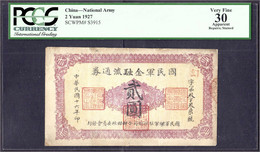 National Army, 2 Yuan 1927. PCGS-Grading Very Fine 30. Pick S3915. - Cina