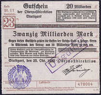Oberpostdirektion, 20 Mrd. Mark 25.10.1923. Violetter Hochdruckstempel. II, Sehr Selten - Zwischenscheine - Schatzanweisungen