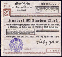 Oberpostdirektion, 100 Mrd. Mark 29.10.1923. Violetter Hochdruckstempel. III-, Sehr Selten - Zwischenscheine - Schatzanweisungen