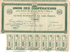 UNION  DES COOPERATEURS - LOT DE 4 ACTIONS DE 1000 FRS  - ANNEE 1958 - Altri & Non Classificati