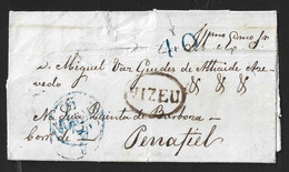 Carta Pré-filatélica Com Marca Nominal Viseu A Preto E Porte A Pagar 40c A Azul De 1843. Marca A Azul De Braga. Penafiel - ...-1853 Prefilatelia