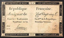 Francia France  Assignat De 125 Livres 7 Vendémiaire L'An 2 De La République Lotto.4335 - ...-1889 Circulated During XIXth