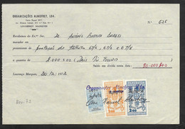 Mozambique Moçambique Portugal Reçu 1972 Timbre Fiscal + Defesa Nacional 1$ + 2$ Receipt W/ Revenue Stamps - Cartas & Documentos