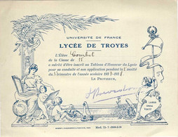 LYCEE DE TROYES Tableau D'Honneur 1938 - Diploma & School Reports