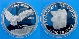 CONGO 1000 F 2000 ARGENTO PROOF 999 WILDLIFE CICONIA CICONIA NIDO CICOGNA RARA PESO 15g TITOLO 0,999 CONSERVAZIONE FONDO - Congo (Democratic Republic 1998)