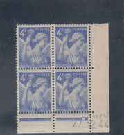 France - 27/12/1944 - Neuf** - N°YT 656** - Coin Daté - Type Iris - 4 Fr Bleu - 1940-1949