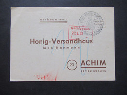 BRD 1959 Roter Stempel Nachgebühr Werbe PK / Werbeantwort Ands Honig Versandhaus Max Naumann In Achim / 2 PK - Briefe U. Dokumente