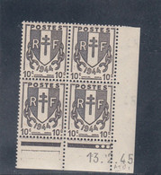 France - 13/02/1945 - Neuf** - N°YT670** - Coin Daté - Type Chaines Brisées - 10c Brun Noir - 1940-1949