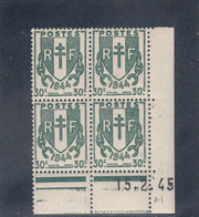 France - 15/02/1945 - Neuf** - N°YT671** - Coin Daté - Type Chaines Brisées - 30c Vert - 1940-1949