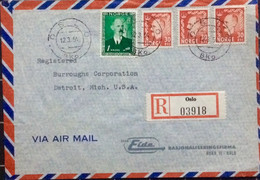 NORWAY 1954, PRIVATE COVER “EIDE” FIRM, USED TO USA,KING HARKON 4 STAMPS, REGISTER OSLO & DETROIT CITY CANCEL. - Lettres & Documents