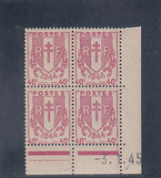 France - 03/01/1945 - Neuf** - N°YT672** - Coin Daté - Type Chaines Brisées - 40c Lilas Rose - 1940-1949