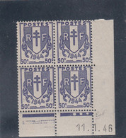 France - 11/01/1946 - Neuf** - N°YT673** - Coin Daté - Type Chaines Brisées - 50c Violet Foncé - 1940-1949