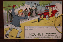 1910's CPA Ak Publicité Pub Illustrateur Chapeau ROCHET Chapelier Mode Automobile Tacot Traction - Autres & Non Classés