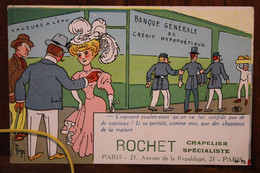 1910's CPA Ak Publicité Pub Illustrateur Chapeau ROCHET Chapelier Mode Femme élégante Banque Humour - Andere & Zonder Classificatie