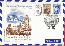 AUSTRIA - 1951 - BALLONPOST  - VILLACH 2 * 25.3.51* - PER ARNOLDSTEIN ON PRO JUVENTUTE ENVELOPE - Par Ballon