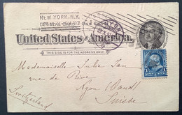 NEW YORK 1897 Machine Cancel + Killer H.s  RARE TWO PMK COMBINATION Postal Stationery+1c Sc 264>Nyon VD Schweiz (USA US - Brieven En Documenten