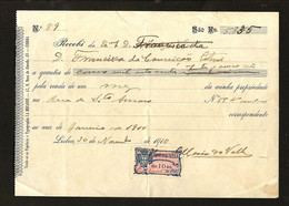 1910 Documento Recibo De Renda Na Rua De Santo Amaro (à Estrela), 55 LISBOA. Selo Fiscal 10 Reis PORTUGAL - Brieven En Documenten