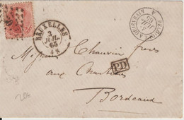 BELGIQUE - 1865 - ENVELOPPE De BRUXELLES Avec ENTREE AMBULANT BELGIQUE à QUIEVRAIN => BORDEAUX - 1858-1862 Medaillen (9/12)