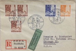 SWEDEN 1948, FDC COVER,REGISTER VALUTAKONTROLL POSTVERKET LABEL,USED TO U.S.A.,SWEDISH SETTLEMENT IN U.S.A.,PLOUGHMAN & - Lettres & Documents