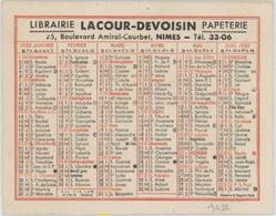 Calendrier 1952 Librairie Lacour-Devoisin, Nîmes - Petit Format : 1941-60