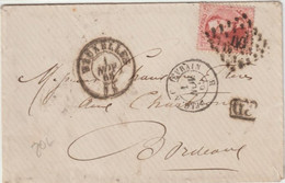 BELGIQUE - 1865 - ENVELOPPE De BRUXELLES Avec ENTREE AMBULANT BELGIQUE à QUIEVRAIN => BORDEAUX - 1858-1862 Medallones (9/12)