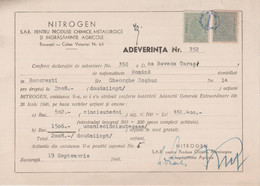 Bucuresti - NITROGEN SAR - Adeverinta - Timbru Fiscal 40 Lei (1946) - Other & Unclassified