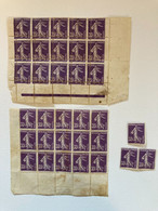 FRANCE - 1907-1926 N°142- Semeuse 35c  Intéressant Ensemble De 33 Timbres Dont Un Feuillet De 15 Timbres Piqués à Cheval - Unused Stamps